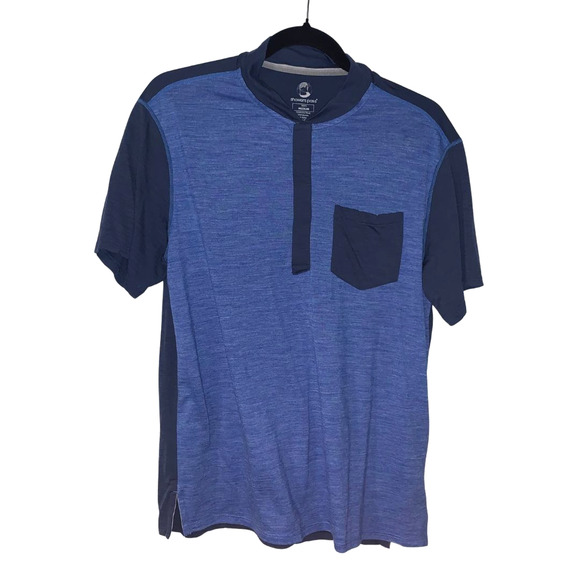 Showers Pass Men's Merino Wool Hiking Shirt Size M Blue Pocket 1/4 Snap Layer - Picture 1 of 8